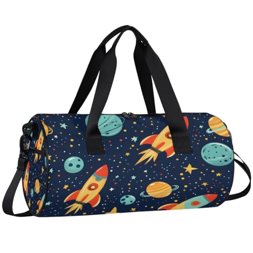 Starry Sky Flying Rocket Round Barrel Sports Fitness Bag, Travel Luggage Bag, Reusable Handbag, Suitable For Men and Women