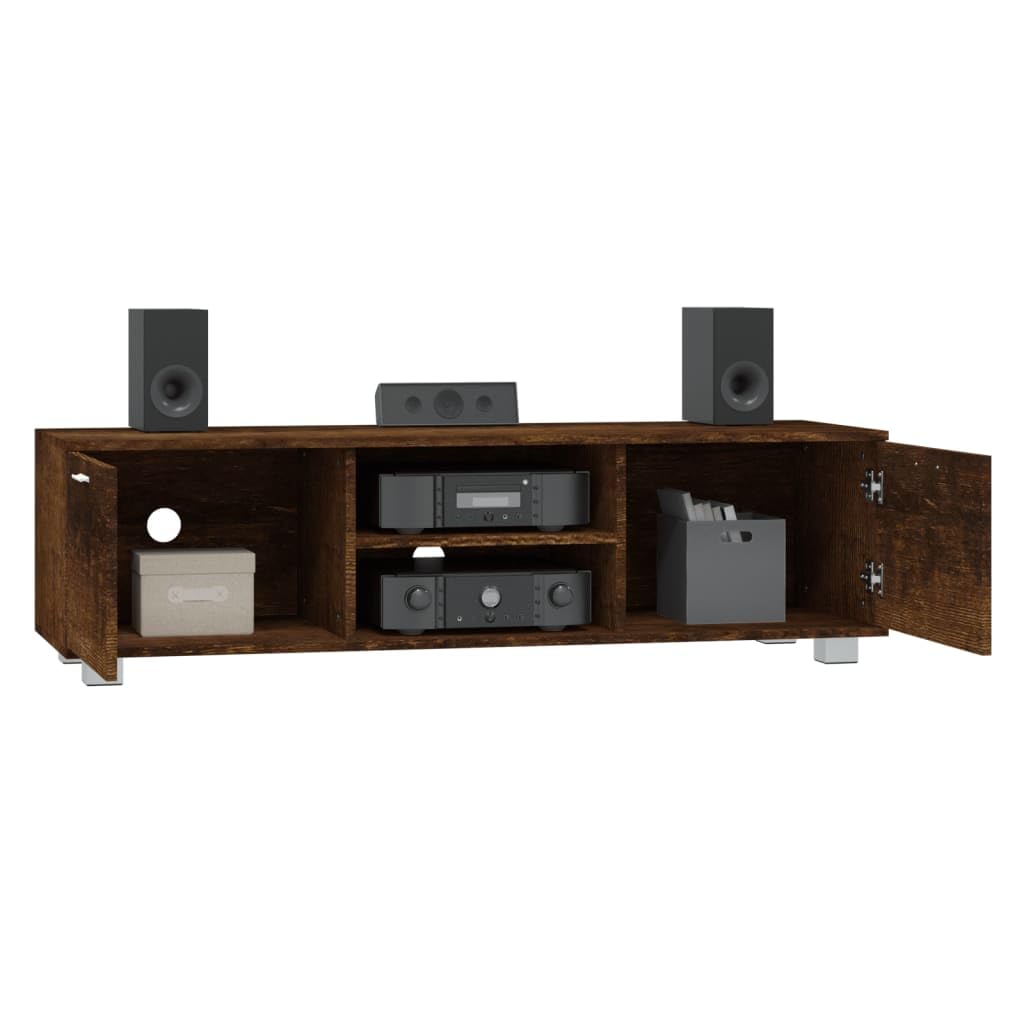 Szafka pod telewizor, dąb wędzony, 140 x 40,5 x 35 cm, materiał drewnopochodny z 4 przegródkami, otworami na kabel, miejsce do przechowywania do salonu, niski, kredens, tablica na media