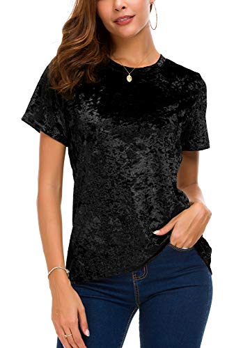 Women's Crew Neck Velvet Top Short Sleeve T-Shirt3