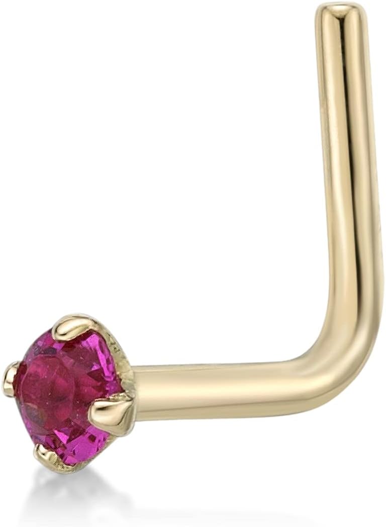 20 Gauge L-Shape Nose Stud for Women - 14k Yellow Gold 2 mm Multiple Colors Swarovski Nose Ring - Unisex Stud Hypoallergenic Nostril Piercing Jewelry - 20G Body Piercing for Men