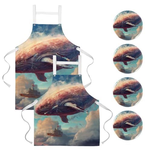 Tablier de cuisine doux réglable motif baleine pour cuisiner proprement sans taches