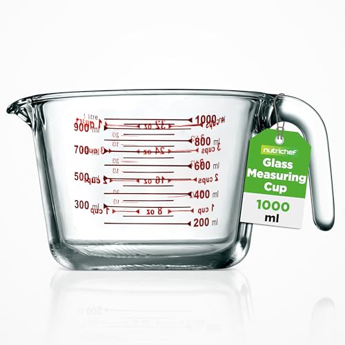 NutriChef 4 Cup Borosilicate Glass Measuring Cup - Heat-Resistant, Nonporous Liquid Measuring Cup with Decal Scale, Oven, Microwave, Dishwasher Safe, Precise Pouring Spout & Easy-Grip Handle