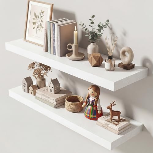 Image of Dreamland 32 Inches Floating Shelves for Wall, 9.3 inch Deep Long Floating Shelves Set of 2, Large Display & Storage Shelf, Wall Shelf for Bathroom Bedroom Living Room Kitchen Office, White