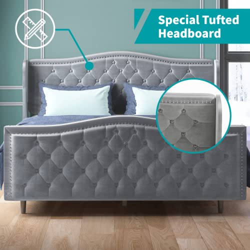 Balus Queen Wingback Bed Frame With Headboard,Upholstered Platform Bed Frame Dutch Velvet Upholstered Bed，Modern Design，Available In 3 Sizes And 3 Colors Panel Bed Frame (Silver Gray) #TOP6