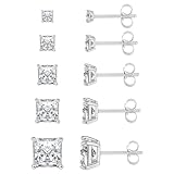 Dreamfox 5 Pairs Princess Cut Square Clear Cubic Zirconia Stud Earring, Silver Stud Earring for Women,Hypoallergenic Small Stud Earring Cz Stud Earrings Set