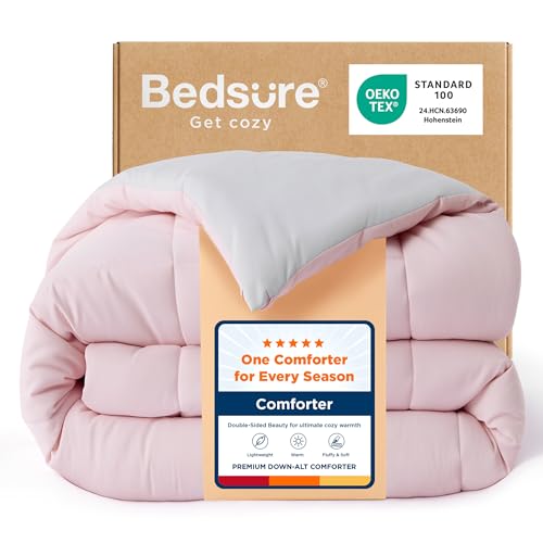 Bedsure Reversible Quilted All-Season Comforter, Full Size, Synthetic Fiber, with Corner Tabs, Pink/Gray