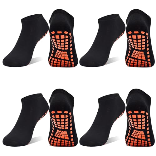 SkiBeaut Non Slip Trampoline Grips Socks, Men Women Youth Anti Skid Athletic Gripper for Adult Yoga Running Jumpping Socks 4 Pairs, US Size 5-9, Black*4 (4 Pairs)