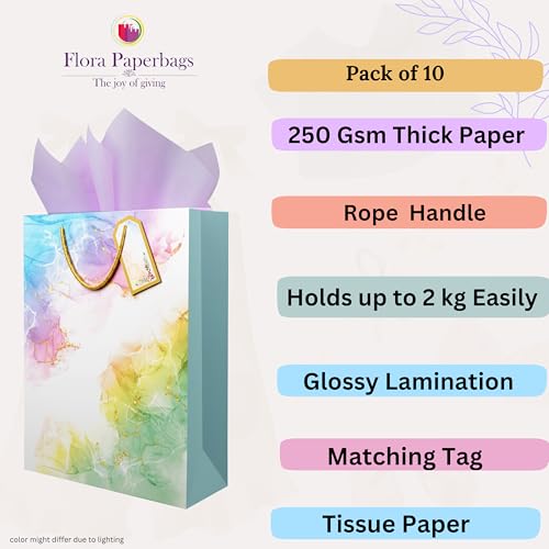 Image of Flora Paperbags Medium Paper Gift Bags with Tissue & Tags | Wedding Return Gift Bags, Birthday, Party Favor Bags (Pack of 5)