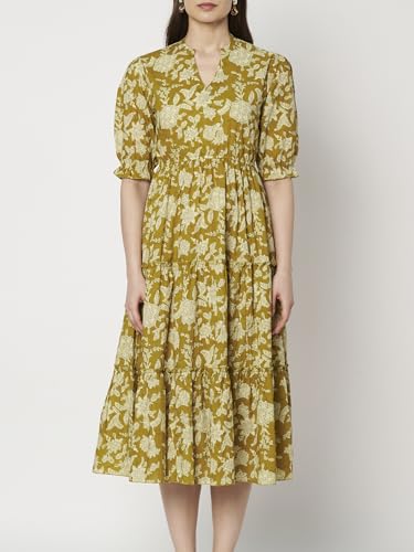 Image of PIDAVLIYA'S Women's Cotton Floral Printed Midi Dress | V-Neck Fit & Flare Dress with Puff Sleeves | Casual Summer Wear
