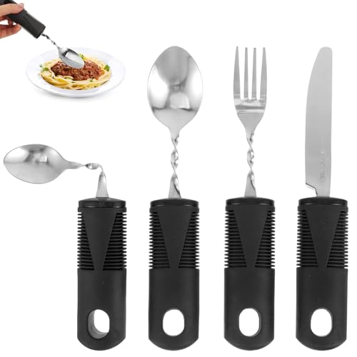 Pizsieat 4 Piezas Cubiertos para Parkinson con Mango Grueso, Utensilios Adaptativos, se Pueden Doblar, Juego de Cubiertos de fácil Agarre para Personas discapacitadas, Pacientes de Parkinson, Artritis