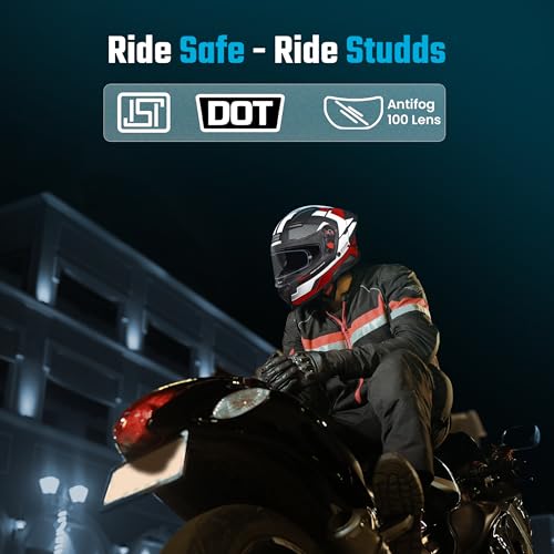 Image of STUDDS Helios Asphalt Full Face ISI and DOT Certified Helmet with Dual Visor MATT Black & RED - L