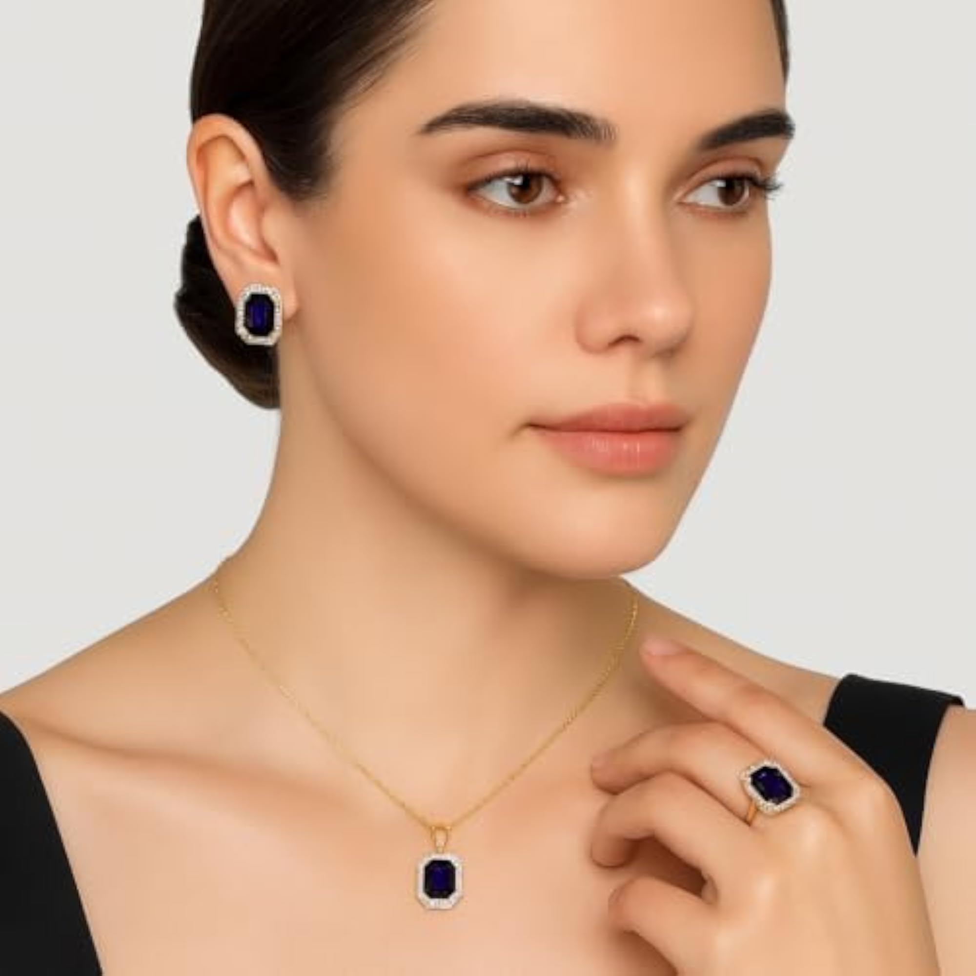 Women's Delicate Golden Finish Square Stone Stud Chain Set