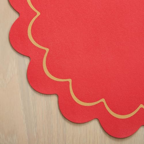 Image of kate spade new york Scallop Edge Round Reversible Placemats 6-Pack Set, Imitation Leather with Metallic Print, Water Resistant, Easy Wipe Clean, Red /Gold, 15 inch Round