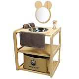 Miloow Montessori Kinderwaschbecken Kinderwaschtisch Holz (40x35x45 cm) Bärenspiegel, Sanduhr, Handtuch, Korb Aufbewahrung. Fördert Selbstständigkeit, Hygienielernen, für Kinder Küche, Zahnputzstation