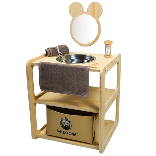 Miloow Montessori Kinderwaschbecken Kinderwaschtisch Holz (40x35x45 cm) Bärenspiegel, Sanduhr,...