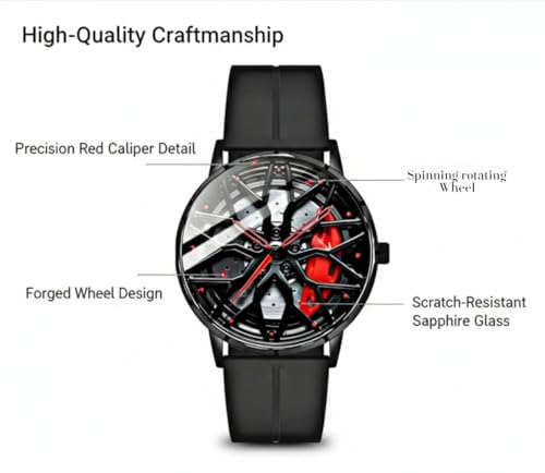 Image of Oculus Men's 3D Car Wheel Rotating Watch, Luxury Sport Quartz with Hollow Hub Dial, Magnetic Silicone Strap, Automotive-Inspired Design, Black Magnetic Straps