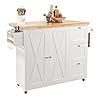 IRONCK Rolling Kitchen Island Cart with Drop-Leaf Countertop, Barn 3Drawers, Barn Door Style Cabine,Thicker Rubberwood Top, Spice Rack, on Wheels, for Kitchen and Dining Room, White
