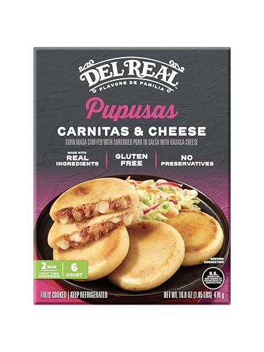 Del Real Foods Mini Pupusas with Pork Carnitas & Cheese 5 Pack – Heat and Eat Microwave Appetizer, Ready to Eat Gluten Free Latin Snack for Parties, Quick Meals