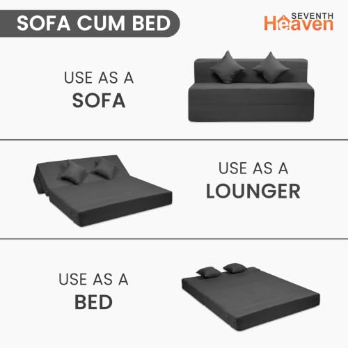 Image of Seventh Heaven Rejioce 3 Seater 5 * 6 Jute Fabric Washable Cover Sofa Cum Bed with 2 Cushions 3 Seater Double Foam Fold Out Sofa Cum Bed (Finish Color - Dark Grey Delivery Condition - Pre-Assembled)