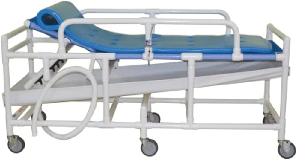 Lumex 8005 PVC Shower Bed with headrest elevated and drainage hose visible