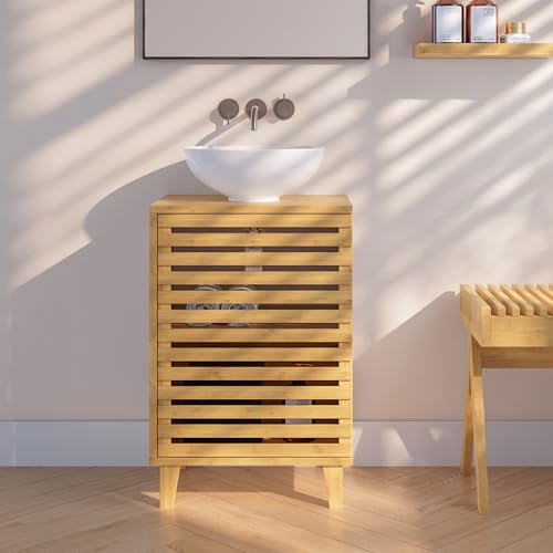 [en.casa] Meuble sous Lavabo Meuble Bas de Salle de Bain avec Espace de Rangement Armoire sous Vasque avec 2 Étagères Bambou 60 x 40 x 30 cm Naturel