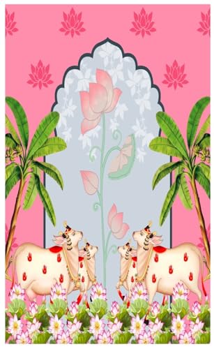 Image of varalaxmi Pooja Decoration Backdrop | Traditional Backdrop Decorations Cloth | varalakshmi Background | pichwai Backdrop Cloth Decoration Banana Tree 4 Cows (gomatha 8 5 feet)