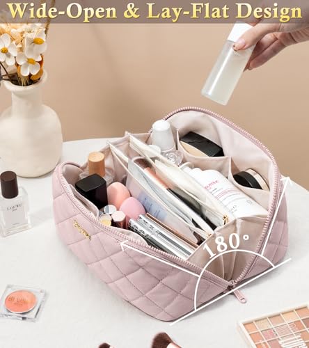 Image of Travel Makeup Bag, Large Capacity Puffy Toiletry & Cosmetic Bag for Women | 3 PCS Open Flat Quilted Makeup Cosmetic Organizer, Waterproof w /Clear Divider Portable Pouch for Skincare Travel Essentials