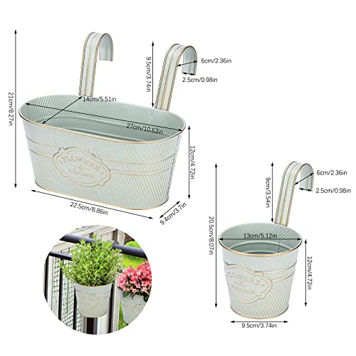Image of PerGar 3 Pack Metal Railing Planter Box Outdoor, 10.6 inch Hanging Flower Pots with Detachable Hooks & Drainage Holes, Rail Planter Boxes for Balcony Deck Porch Fence Garden Home Decoration, Grey Blue