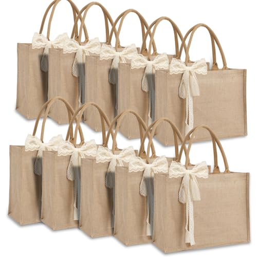 10pcs Burlap Tote Bag Set with Handles, Waterproof Reusable Blank Water Resistant Grocery Bags with Ribbon Large Jute Tote 15.4*6*12 In for Women Bridesmaid Gift Christmas Shopping Wedding Travel DIY