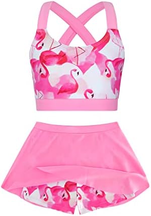 Cutemile Teen Girls 2 Piece Bathing Suit Age 12-13 Pink Flamingos Pattern Swimsuit Rash Guard Sport Tankini Swimwear with Cover Up Skirt Swimsuits Summer Gifts for Girls 12T 13T