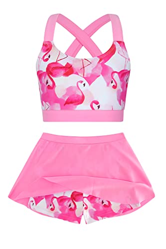 Cutemile Teen Girls 2 Piece Bathing Suit Age 12-13 Pink Flamingos Pattern Swimsuit Rash Guard Sport Tankini Swimwear With Cover Up Skirt Swimsuits Summer Gifts For Girls 12T 13T #TOP13