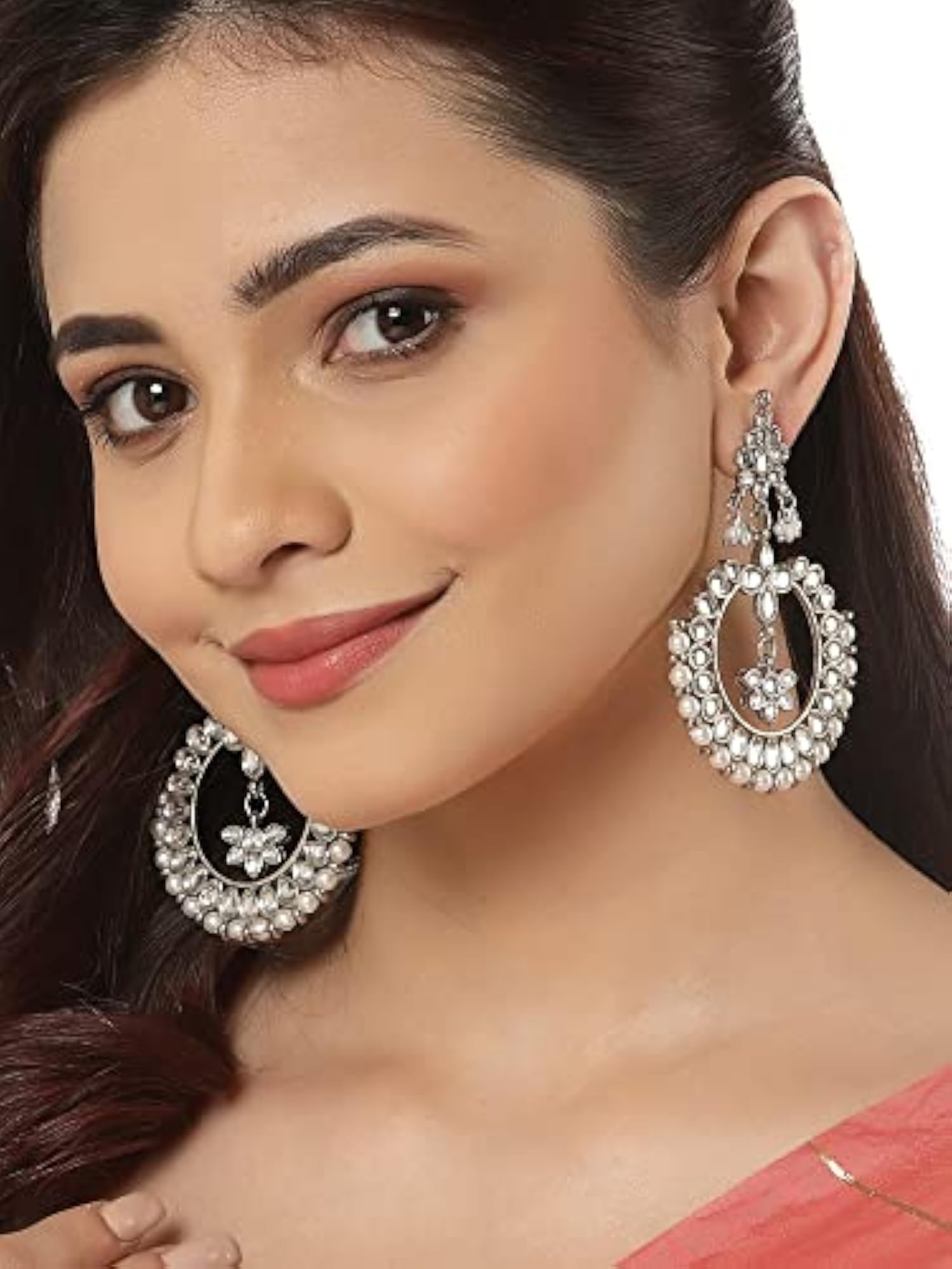 Women's Oxidised Silver Kundan Chandbali Earrings