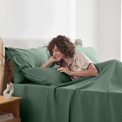 Image of Nestl Extra Deep Split King Sheet Set - 7 Piece Breathable & Cooling Sheets - Hotel Luxury Bedding Set w /18-24 Inch Deep Pockets - Easy & Secure Fit - Super Soft, Wrinkle Free & Comfy - Dark Green