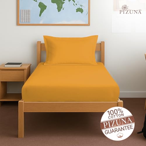Image of Pizuna 100% Cotton Fitted Bedsheet Single Bed 400 Thread Count Long Staple Cotton Sateen Fitted Bedsheet 40x78 Inch with 1 Pillow Cover, Honey Gold Elastic Fitted Bedsheets Single Bed fits 12 Inch