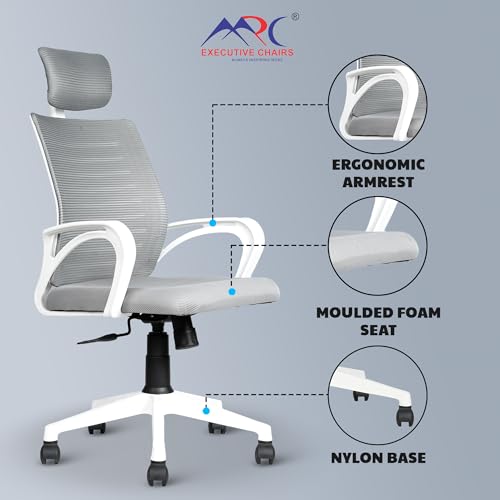 Image of MRC Boom Mesh Ergonomic Desk Office Chair with 3 Years Warranty & DIY Assembly,Tilting Mechanism, Comfortable Seat and Revolving Nylon Base Ideal for Work from Home & Study (Grey & White, High Back)