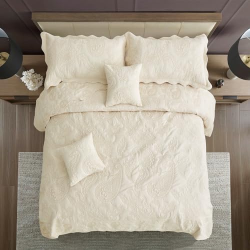 Image of HZ & HY Oversized King Bedspread 128x120 Extra Wide, Stitched Paisley Quilt Set King /Cal King, Lightweight Reversible Coverlet, Scalloped Edge - Soft Classic Look, 5 Piece, Ivory Yellow