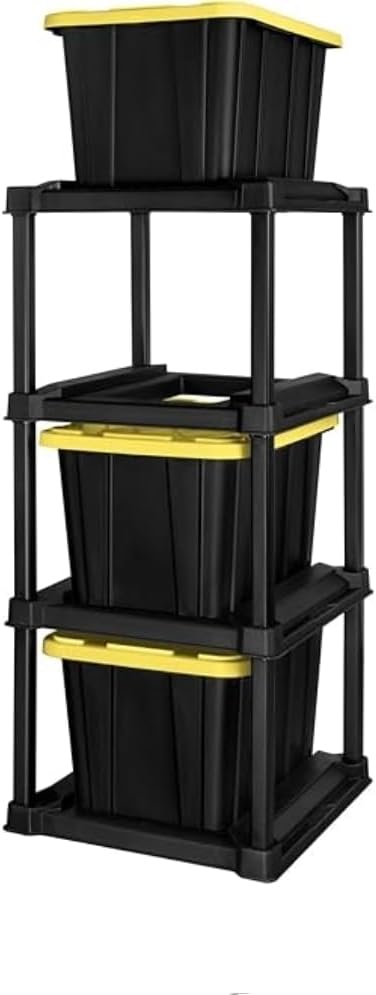 4 Tier Tote Rack, Holds Four 27 Gallon Industrial Storage Totes, Heavy Duty Plastic Garage Storage Organizer, Vertical Easy-Access No-Stacking Design, Black
