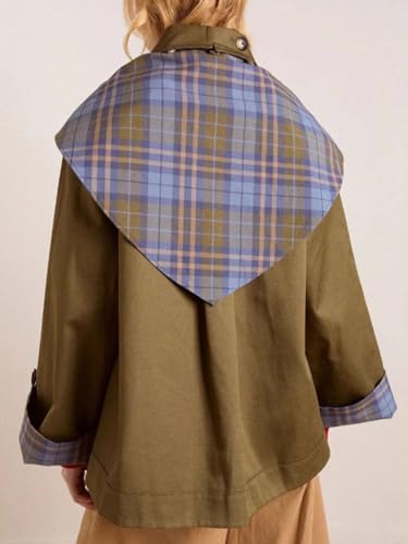 CHARTOU Women's Short Trench Coats Fall Notch Collar Plaid Reversible Oversized Jacket with Pockets2
