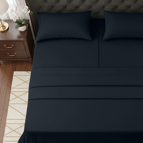 Image of Elegant Comfort Luxurious 1500 Premium Hotel Quality Microfiber Three Line Embroidered Softest 5-Piece Bed Sheet Set, Wrinkle and Fade Resistant, Split King, Black