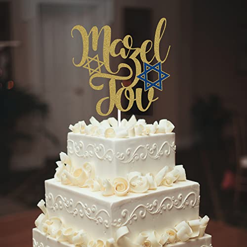 Mazel Tov Cake Topper Gold Glitter Jewish Birthday Chanukah Holiday Cake Decoration Hebrew Congratulations Hanukkah Star Of David Party Supplies #TOP4