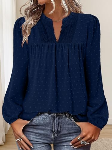 BETTE BOUTIK Women Boho Long Sleeve Shirts Dressy Casual V Neck Fall Fashion Tops Swiss Dot Flowy Blouses