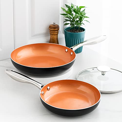 Image of MICHELANGELO Copper Frying Pan Set with Lid, 8 inch & 10 inch Frying Pan Set, Nonstick Frying Pan Set, Copper Pans with Lid, Nonstick Skillets with Lid, Ceramic Fry Pan with Lid, 8 inch & 10 inch