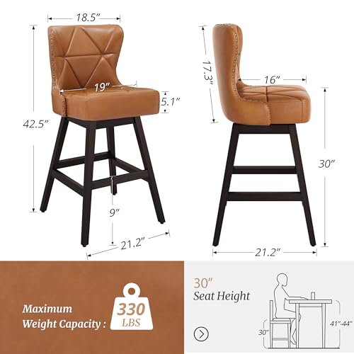 Image of Cozyman Counter Height Bar Stools, 30 inch H Swivel Bar Stool with Back, Faux Leather Counter Stool, Solid Wood Legs, Retro Upholstered Barstools for Kitchen Island, Home Bar, Pub, Yellowish-Brown