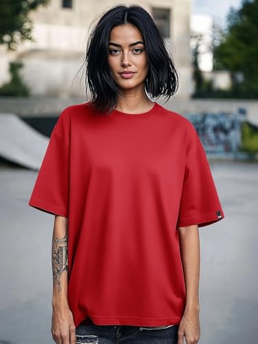 Image of Bewakoof Women's Solid Oversized Fit Half Sleeve Round Neck Cotton Jersey T-Shirt