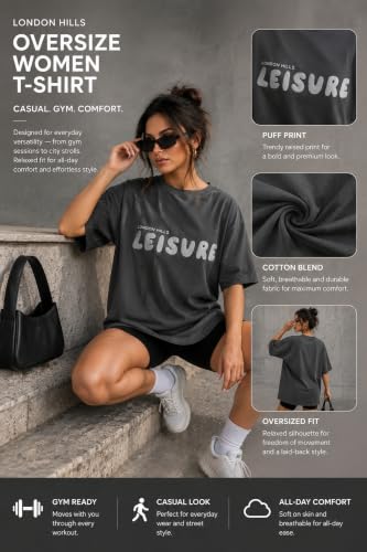 Image of London Hills Oversized Tshirt for Woman | t Shirt for Woman Oversized Fit Printed Round Neck | Tops for Woman's | Women t Shirt Loose Fit Drop Shoulder | t Shirts for Women | Western Tops