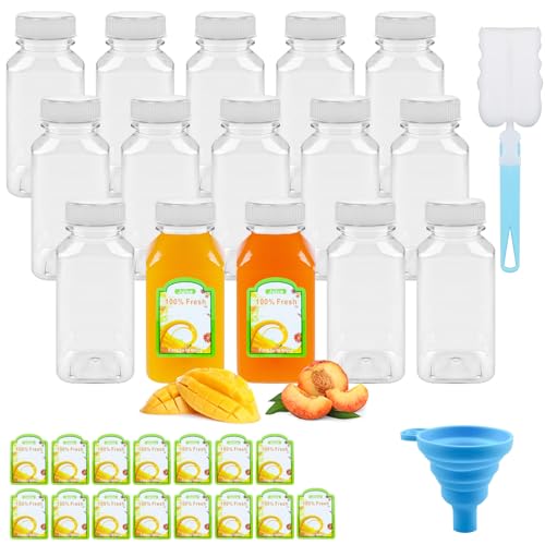 CoKeeSun 15 Pièces 250ml Petite Bouteilles de Jus en Plastique Réutilisable avec Blanc Couvercle, Entonnoir et Brosse, ETiquette de Fruit, pour Stocker de...