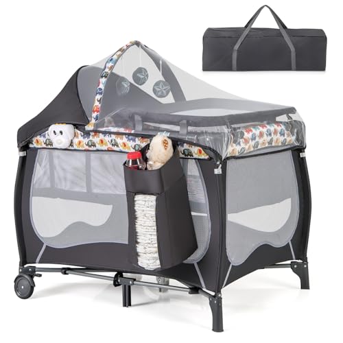 Image of HONEY JOY Pack and Play, 4 in 1 Portable Baby Playard w/Bassinet, Changing Table, Lockable Wheel, Music, Foldable Travel Baby Crib Nursery Center from Newborn to Toddler(Gray, Elephant)