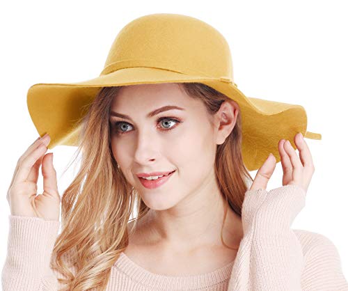 Bienvenu Women's Wide Brim Wool Ribbon Band Floppy Hat,Yellow