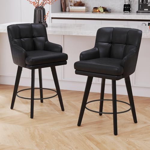 SAECKBERG 360°Swivel Counter Height Bar Stools with Back, 26 inch Solid Wood Legs, Bar Stool Modern Kitchen Island Chairs, Faux Leather (Black- Faux Leather, 26