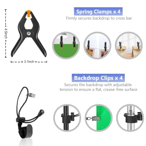 EMART Photo Video Studio Backdrop Stand Kit, 7×10ft Adjustable Photography Support System with Polyester Background(Black/White/Green Screen), Spring Clamps and Carry Bag for Photoshoot by EMART - Image 4